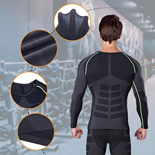 Bwiv Camiseta Hombre Deportiva Compresión Camiseta Interior Hombre Manga Larga Fitness Gimnasio Aire Libre para Entrenamiento Ciclismo de Negro Gris Línea Verde Talla L