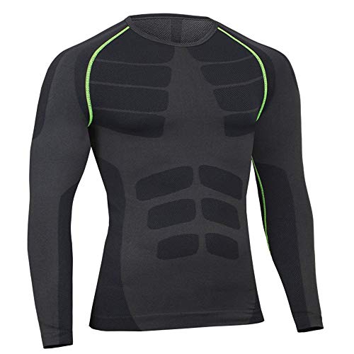 Bwiv Camiseta Hombre Deportiva Compresión Camiseta Interior Hombre Manga Larga Fitness Gimnasio Aire Libre para Entrenamiento Ciclismo de Negro Gris Línea Verde Talla L