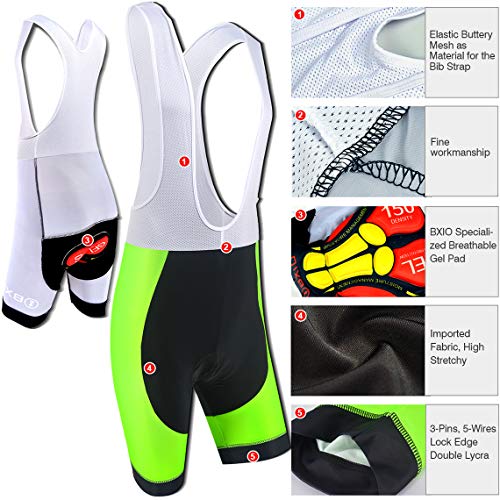 BXIO Ropa Ciclismo Dibujos Animados Camisetas Cortas Hombre 5D Gel Pad Culotte Corto con Babero MTB Secado rápido Ropa Ciclismo (Verde Fluo (210, Culotte con Tirantes)