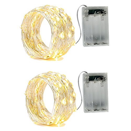 BXROIU 2 x Guirnalda luces pilas,2 Modo Luces Plata Alambre Cadenas 5 metros 50 leds para dormitorio Navidad Celebración Boda Decoración, (50leds blanco cálido)