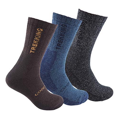 Calcetín COOLMAX de TREKKING (3 pares) para deportes de invierno o situaciones de frío y humedad. Ofrecen una perfecta temperatura y mantienen los pies frescos y secos (Negro/Azul/Marron 39-42)