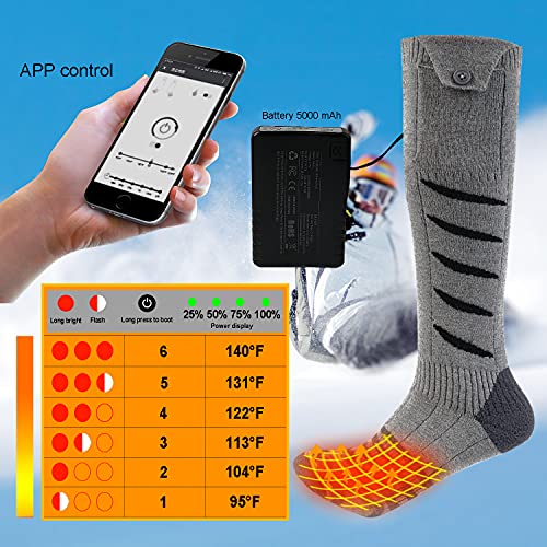 Calcetines Calefactados, Calcetines Eléctricos Térmicos para Hombres y Mujeres, Recargable, Control de App, Calcetines de Esquí Más Cálidos para Deportes de Invierno al Aire Libre. (L, Gris)