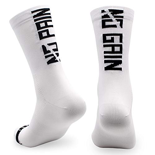 Calcetines para Ciclismo, MTB y Running de Caña Alta para Hombre y Mujer – No Pain No Gain White (S-M)