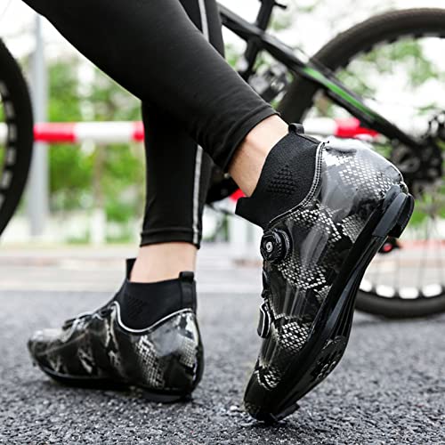 Calzado Ciclismo para Hombre, Zapatos De Bicicleta MTB De Bicicleta De Carretera con Patrón De Piel De Serpiente, Spin Shoestring Compatible SPD Look Delta Cycle Riding Cleat (Black,42)