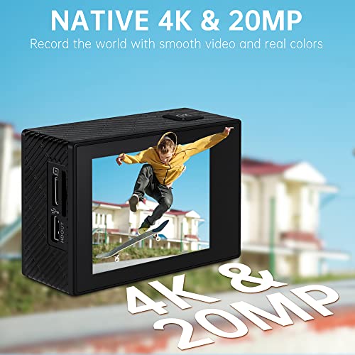 Cámara Deportiva 4K WiFi 20MP Camara subacuática Impermeable 40M Camaras Acción Sumergible Action Camera Anti-Vibración con Control Remoto 2.0'LCD 2 baterías de 1050mAh y Accesorios Multiples