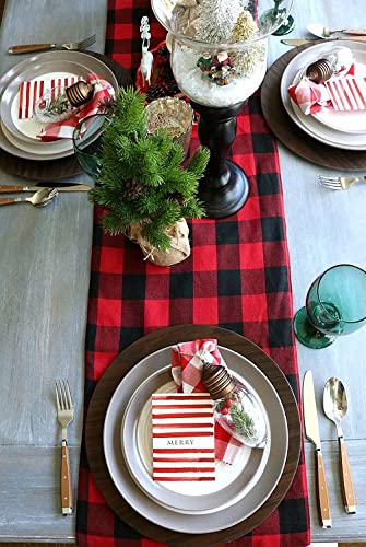 Camino de mesa a cuadros de búfalo rojo y negro con borlas, 35 x 275 cm, corredor de mesa a cuadros, decoración de banquetes para fiestas navideñas Christnas camino de mesa decoración al aire libre