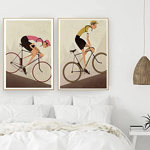 Carteles e impresiones Estilo vintage Bicicleta Ciclista Estampado Bicicleta Retro Foto Póster Regalo para decoración de baño Carrera Arte de la pared Sala de estar 2 piezas 60x80cm sin marco