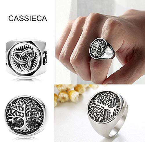 CASSIECA 4PCS Anillo de Acero Inoxidable para Hombres Mujeres Grandes Anchos Cuadrado Grabado Anillo Vintage Rock Gotico Anillos Árbol de la Vida