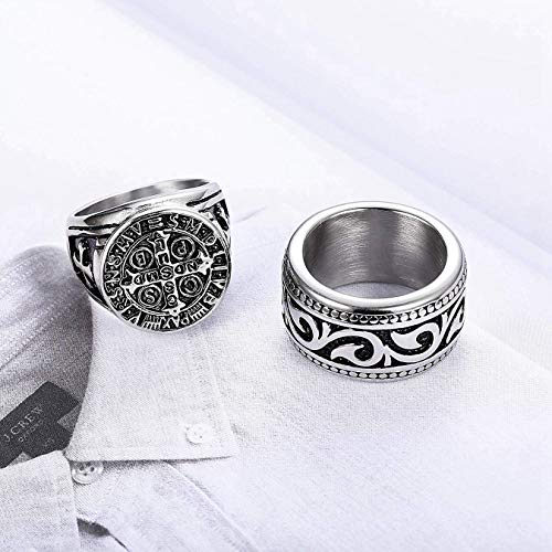 CASSIECA 4PCS Anillo de Acero Inoxidable para Hombres Mujeres Grandes Anchos Cuadrado Grabado Anillo Vintage Rock Gotico Anillos Árbol de la Vida