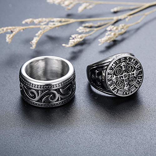 CASSIECA 4PCS Anillo de Acero Inoxidable para Hombres Mujeres Grandes Anchos Cuadrado Grabado Anillo Vintage Rock Gotico Anillos Árbol de la Vida