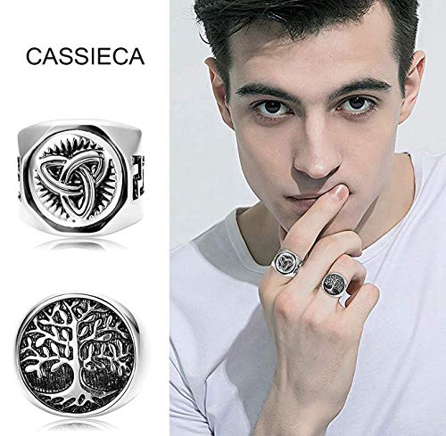 CASSIECA 4PCS Anillo de Acero Inoxidable para Hombres Mujeres Grandes Anchos Cuadrado Grabado Anillo Vintage Rock Gotico Anillos Árbol de la Vida