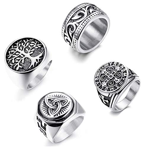 CASSIECA 4PCS Anillo de Acero Inoxidable para Hombres Mujeres Grandes Anchos Cuadrado Grabado Anillo Vintage Rock Gotico Anillos Árbol de la Vida