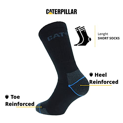 Caterpillar 6 Pares Calcetines Trabajo Coolmax, Doble Refuerzos Puntera y Talón, Esponja Algodón Fibra Lycra (Negro, 43-46)