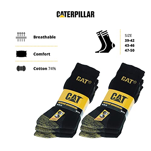 Caterpillar 6 Pares Calcetines Trabajo Doble Refuerzo Puntera Talón Esponja Algodón (Negro, 39-42)