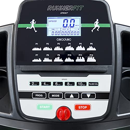 Cecotec Cinta de Correr Eléctrica Plegable RunnerFit Sprint, Pulsómetro, Portabotellas, Brazos de agarre de espuma, Pantalla LED, 12 Programas, Hasta 14 km/h, Peso Máximo 120 Kg