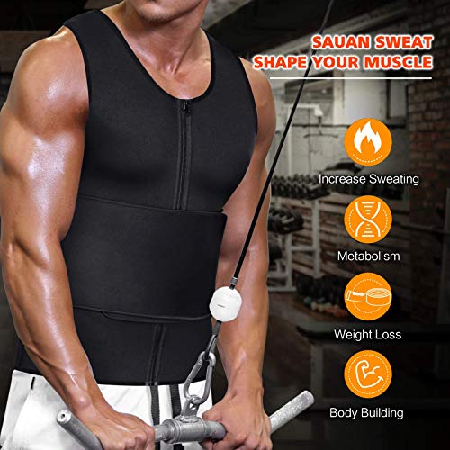 Chaleco de sauna para hombre para entrenamiento de cintura y pérdida de peso, parte superior de neopreno, ajustable para sauna, entrenamiento con cremallera en forma de cuerpo, L, Negro