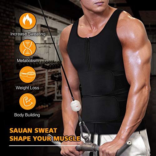 Cimkiz Chaleco de sauna para hombre con cremallera de neopreno para sauna, camiseta sin mangas (negro con cinturón, XL)