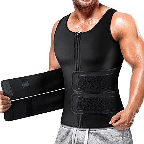 Cimkiz Chaleco de sauna para hombre con cremallera de neopreno para sauna, camiseta sin mangas (negro con cinturón, XL)