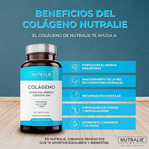 Colágeno + Ácido Hialurónico + Coenzima Q10 + Vitaminas A, C, D y B12 + Zinc | Energía y Articulaciones Fuertes | Colágeno Hidrolizado en 60 cápsulas | Nutralie