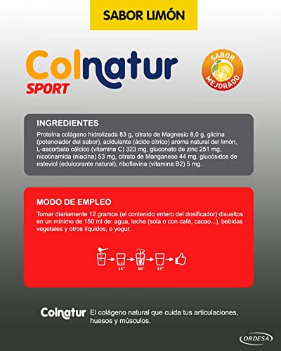 Colnatur Sport – Colágeno Natural Puro para Cuidar las Articulaciones y Músculos de la Actividad Física, Sabor Limón, 345 gr