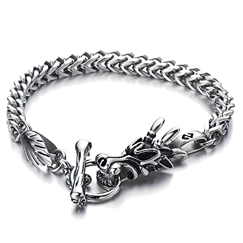 COOLSTEELANDBEYOND Biker Brazalete del Dragón, Pulsera de Hombre, Cadena Barbada, Acero Inoxidable, Estilo Gótico Retro Vintage