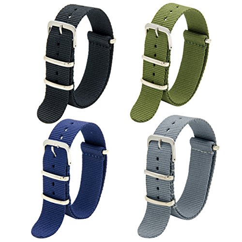 Correas de Nylon Nato Paquete de 4 18mm 20mm 22mm Balístico Zulu Correa Para Reloj Hebilla de Acero Inoxidable (16mm, Black+Army Green+Smoke Grey+Navy Blue)