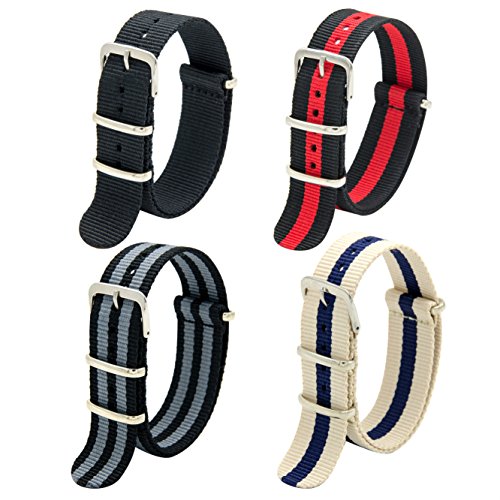 Correas de Nylon Nato Paquete de 4 18mm 20mm 22mm Balístico Zulu Correa Para Reloj Hebilla de Acero Inoxidable (22mm, Black+Bond+Linen Navy+Black Red)