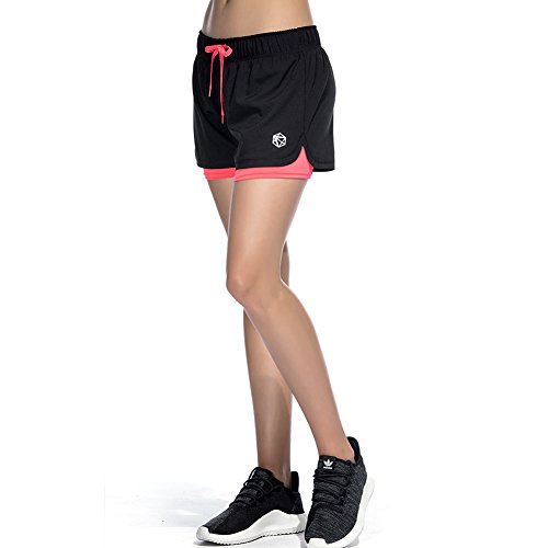 CtopoGo Pantalones Cortos de Deporte 2 en 1 para Mujer Pantalones Cortos Deportivo de Yoga para Hacer Ejercicio Pantalones Cortos para Deporte al Aire Libre Respirable (Black, XL)