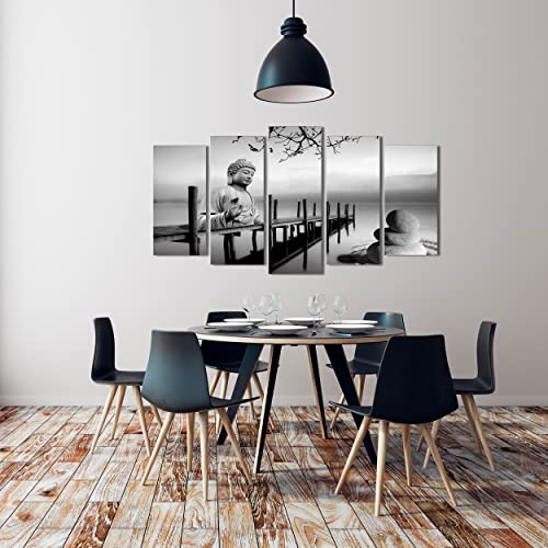 DekoArte 19 - Cuadros Modernos Impresión de Imagen Artística Digitalizada | Lienzo Decorativo Para Tu Salón o Dormitorio | Estilo Buda Zen Paisaje en blanco y Negro | 5 Piezas 150x80cm