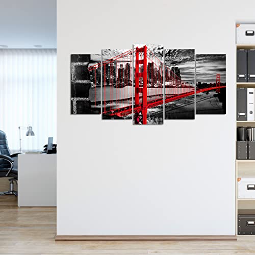 DekoArte 277 - Cuadros Modernos Impresión de Imagen Artística Digitalizada | Lienzo Decorativo Para Tu Salón o Dormitorio | Estilo Ciudades EEUU Golden Gate Blanco Negro Rojo | 5 Piezas 150 x 80 cm