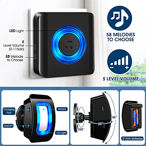 Detector de Movimiento Exterior - Sensor de Movimiento Interior con Timbre Inalámbrico - Timbre de Tienda Satisure, 58 Tonos timbre Alarma de Entrada LED azul para Casas, Oficinas, Fábricas