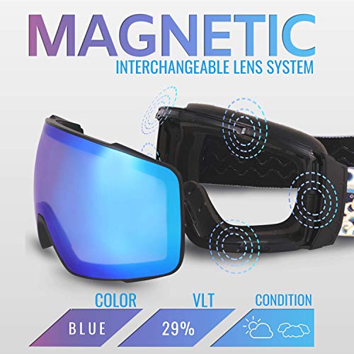 devembr OTG Gafas de Esquí Pro, Gafas para Snowboard Esféricos Sin Marco Anti-Empañamiento, Lente Intercambiable con Imán, Protección UV, para Hombre y Mujer, Carcasa Dura Incluida (Azul, VLT 29%)