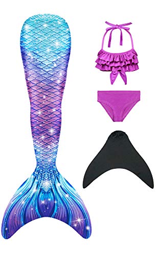 DNFUN Traje de baño de Cola de Sirena para niñas con Princesa de Sirena Traje de baño de Cosplay para Nadar con Bikini y Monofin, Juego de 4,G5+WJF74,130