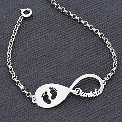 doble aro - Pulsera Infinito Personalizado con Nombres en Plata de Ley 925 - Entre 1 y 4 Nombres - Ideal para San Valentin o Día de la Madre. (Pulsera Infinito Pies, Plata de Ley 925)