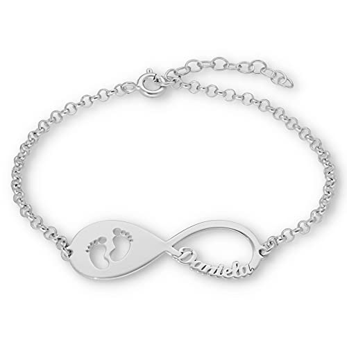 doble aro - Pulsera Infinito Personalizado con Nombres en Plata de Ley 925 - Entre 1 y 4 Nombres - Ideal para San Valentin o Día de la Madre. (Pulsera Infinito Pies, Plata de Ley 925)