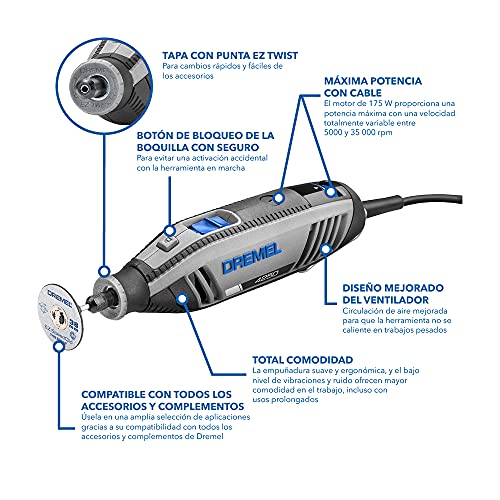 Dremel 4250 Herramienta rotativa de 175 W, kit multiherramienta Amazon Exclusive con 3 complementos y 45 accesorios, motor 175 W con retroalimentación electrónica, velocidad variable 5000-35 000 rpm