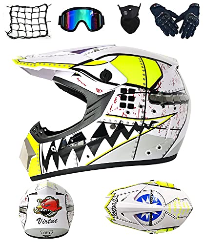 DRYT Casco de motocross profesional, adultos y niños Casco Motocross Enduro MTB con Gafas/Máscara/Guantes/Red Elástica, Casco Cross Quad Off Road ATV Scooters (C,M: 57-58 cm)