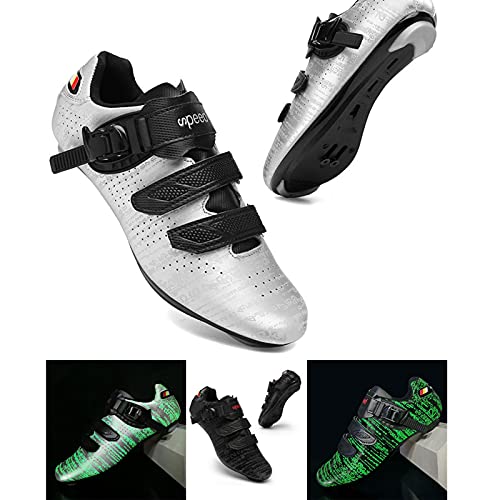 DSMGLSBB Zapatillas De Ciclismo, Luminoso Zapatos De Ciclo del Camino Taco Transpirable SPD Look Delta Compatible Calzado De Ciclismo Indoor Autobloqueo Ultraligero,Plata,40