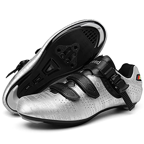 DSMGLSBB Zapatillas De Ciclismo, Luminoso Zapatos De Ciclo del Camino Taco Transpirable SPD Look Delta Compatible Calzado De Ciclismo Indoor Autobloqueo Ultraligero,Plata,40