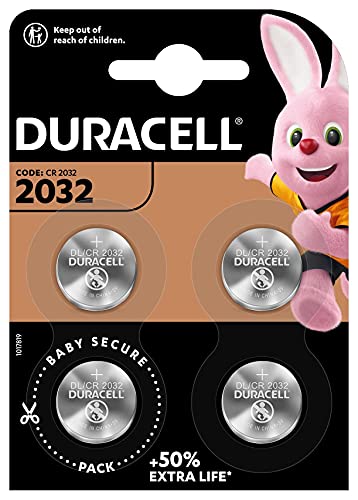 Duracell - Pilas de botón de litio 2032 de 3 V, paquete de 4, con Tecnología Baby Secure, para uso en llaves con sensor magnético, básculas, elementos vestibles, dispositivos médicos (DL2032/CR2032)