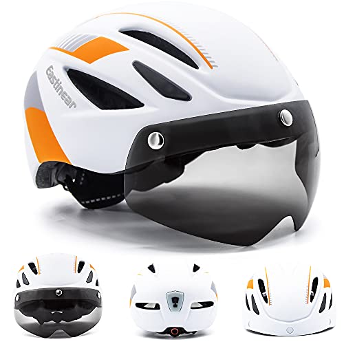 EASTINEAR Casco Bicicleta Adulto con Visera Extraíble Gafas Montaña Unisex Casco MTB con Luz Recargable para Hombre Mujer Casco de Ciclismo (Blanco Naranja)