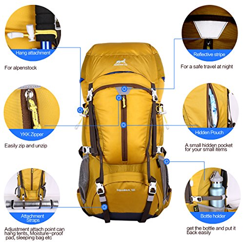 Eshow Mochilas 50L de Senderismo Impermeable con Gran Capacidad, Macuto Multifuncional de Nailon para Viajes Montaña Acampada Trekking Excursiones Esquí Snowboard