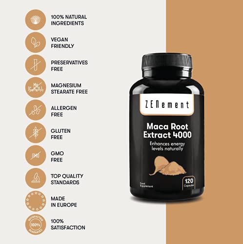 Extracto de Raíz de Maca Peruana 4000 mg Altamente concentrado, 120 Cápsulas | Energía, resistencia, memoria, líbido, inmunidad y equilibrio hormonal | 100% Ingredientes Naturales, No-GMO