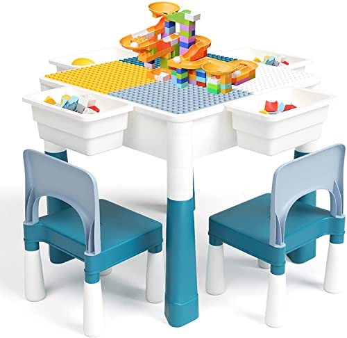 FAYDUDU Juego de Mesa y Silla para niños 5 en 1 Mesa multiactividad con 2 sillas Incluye 120 Bloques de Gran tamaño Juguetes para niños y niñas Juego de Mesa para Jugar y Construir (Verde Azul)