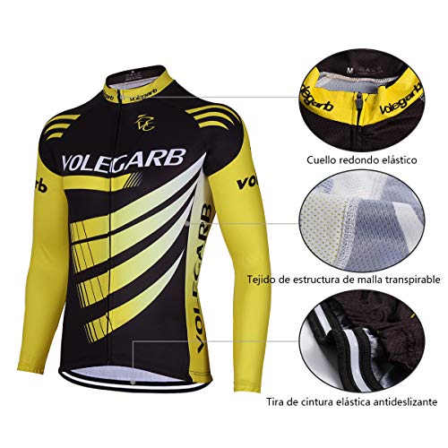 Feilaxleer Ropa Ciclismo Otoño/Invierno/Primavera para Hombre y Mujer - Ciclismo Maillot MTB de Manga Larga y Culotte Pantalones Acolchado 3D (Amarillo,M)