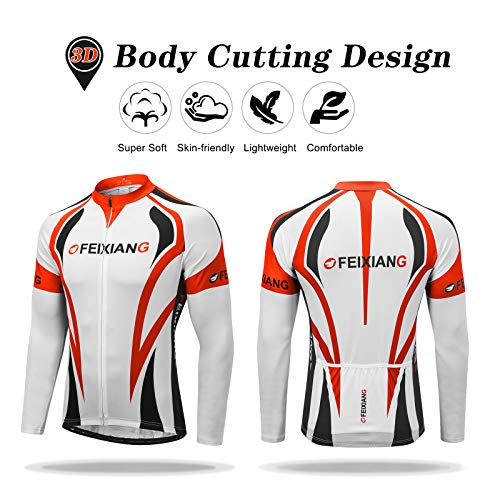 feiXIANG Hombres Ciclismo Jersey, Manga Larga Ciclo Tops Cremallera Completa Transpirable Bicicletas Jerseys de Secado Rápido Mountain Bike Shirt Ciclismo MTB Ropa, Rojo, XL