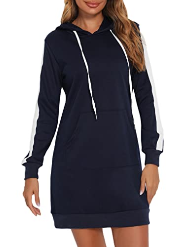 Fipput Vestido Sudadera Mujer Sudaderas Mujer con Capucha de Manga Larga Sudadera Larga Mujer Vestido con Capucha Mujer Hoodie Mujer con Bolsillo,Azul Marino,M