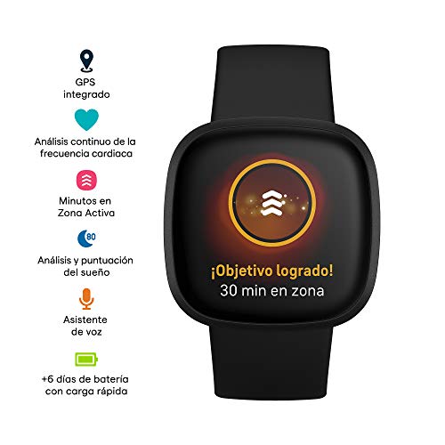 Fitbit Versa 3 - Smartwatch de salud y forma física con GPS integrado, análisis continuo de la frecuencia cardiaca, Alexa integrada y batería de +6 días, Negro