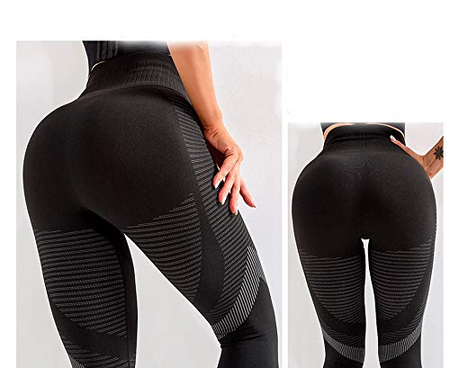 FITTOO Leggings Sin Costuras Corte Hueco Texturizado Tejido Geométrico Mujer Pantalon Deportivo Yoga Elásticos #1 Negro Small