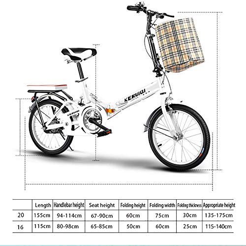 FJW Unisexo Bicicleta Plegable de suspensión 16 Pulgadas 20 Pulgadas Cubo de Rueda de aleación de Aluminio Estudiante Niño Ciudad del Viajero Acero de Alto Carbono Bicicleta,White,16Inch